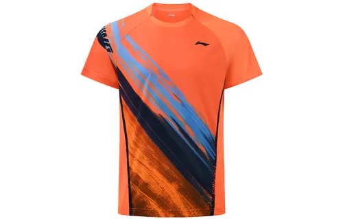 Li Ning Badminton Collection T Shirts Men's Orange Crew Neck Moderate Straight Fit