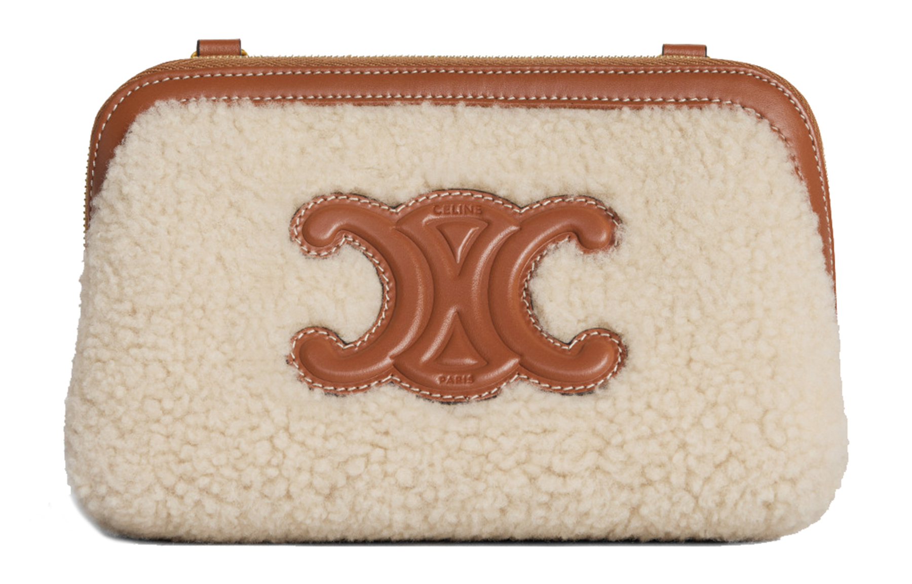 CELINE Triomphe Shearling With Cow Leather Binding Handheld Shoulder Bag, Crossbody Bag Mini Women's Natural Color/Tan