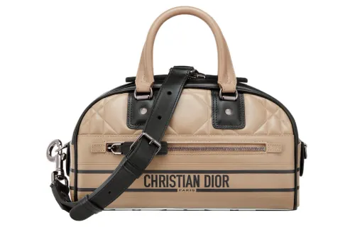 DIOR Calfskin Bowling Bag, Shoulder Bag, Crossbody Bag, Handbag Small Women's Beige/Black