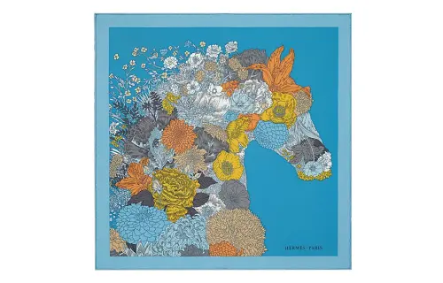 HERMES Silk Scarf Women's Blue/Orange/Gold