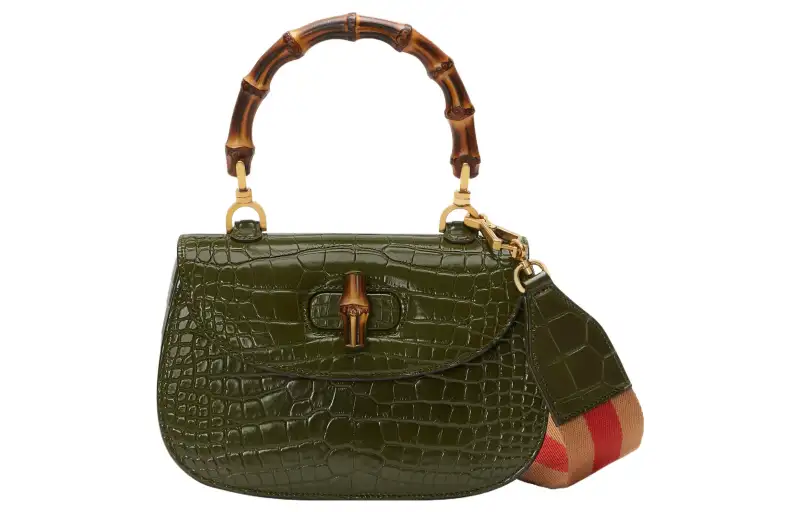 GUCCI Bamboo 1947 Crocodile Leather Shoulder Bag, Crossbody Bag, Handbag Small Women's Dark Green