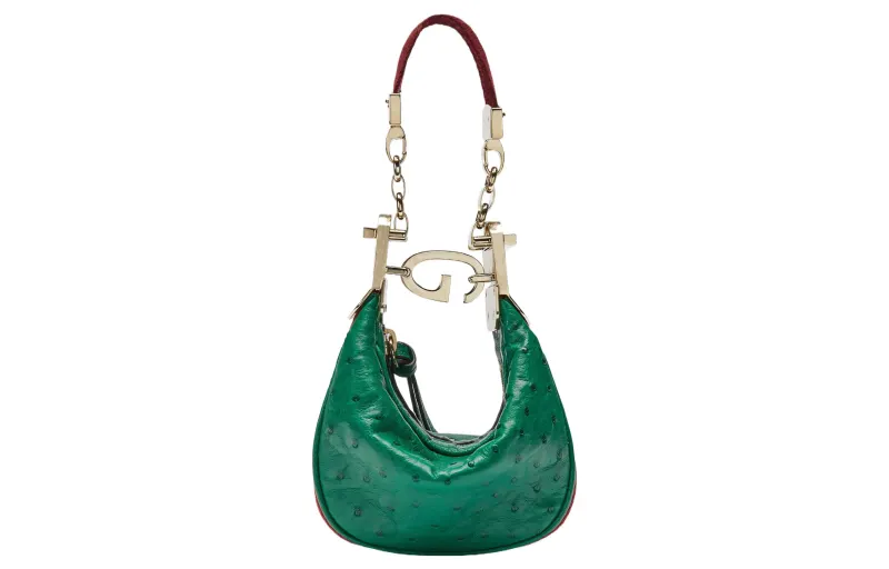GUCCI Attache Ostrich Leather With Webbing Trim Crescent Bag Handbag, Shoulder Bag Mini Women's Green