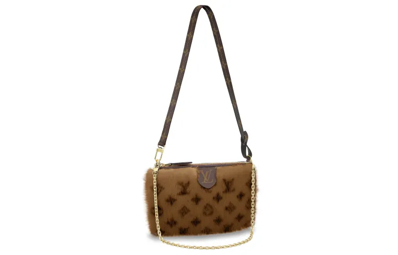 LOUIS VUITTON Mink Fur With Coated Canvas Trim Handheld Shoulder Bag, Crossbody Bag Women's Brown