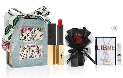 YSL, gift box, makeup primer, velvet set, matte lipstick, lip gloss, perfume for professional use, light luxury style, sample