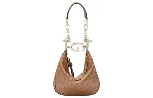 GUCCI Attache Ostrich Leather With Webbing Trim Crescent Bag Handbag, Shoulder Bag Mini Women's Light Brown