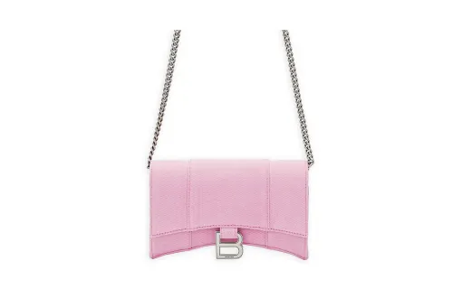 Balenciaga Hourglass Washed Denim With Cotton Shoulder Bag, Crossbody Bag, Chain Wallet Women's Pink