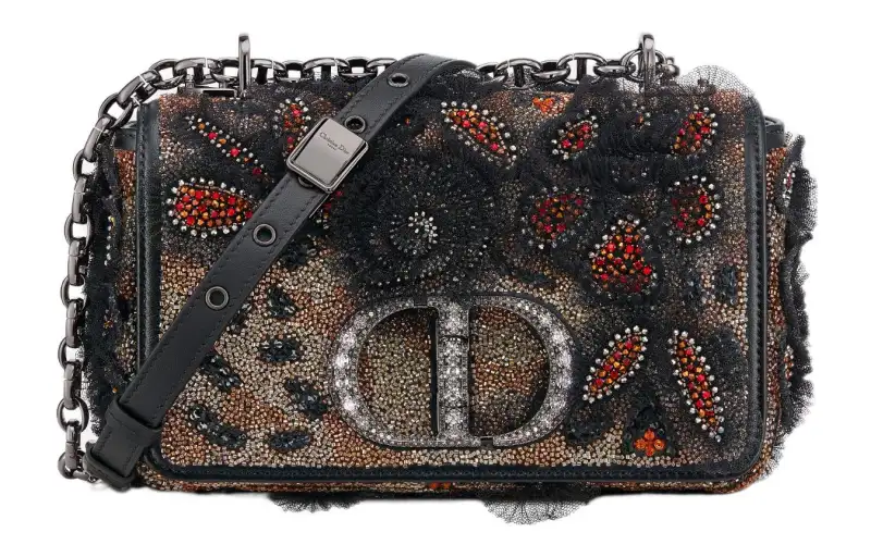 DIOR Caro Embroidery With Cow Leather Handheld Shoulder Bag, Crossbody Bag Small Women's Black