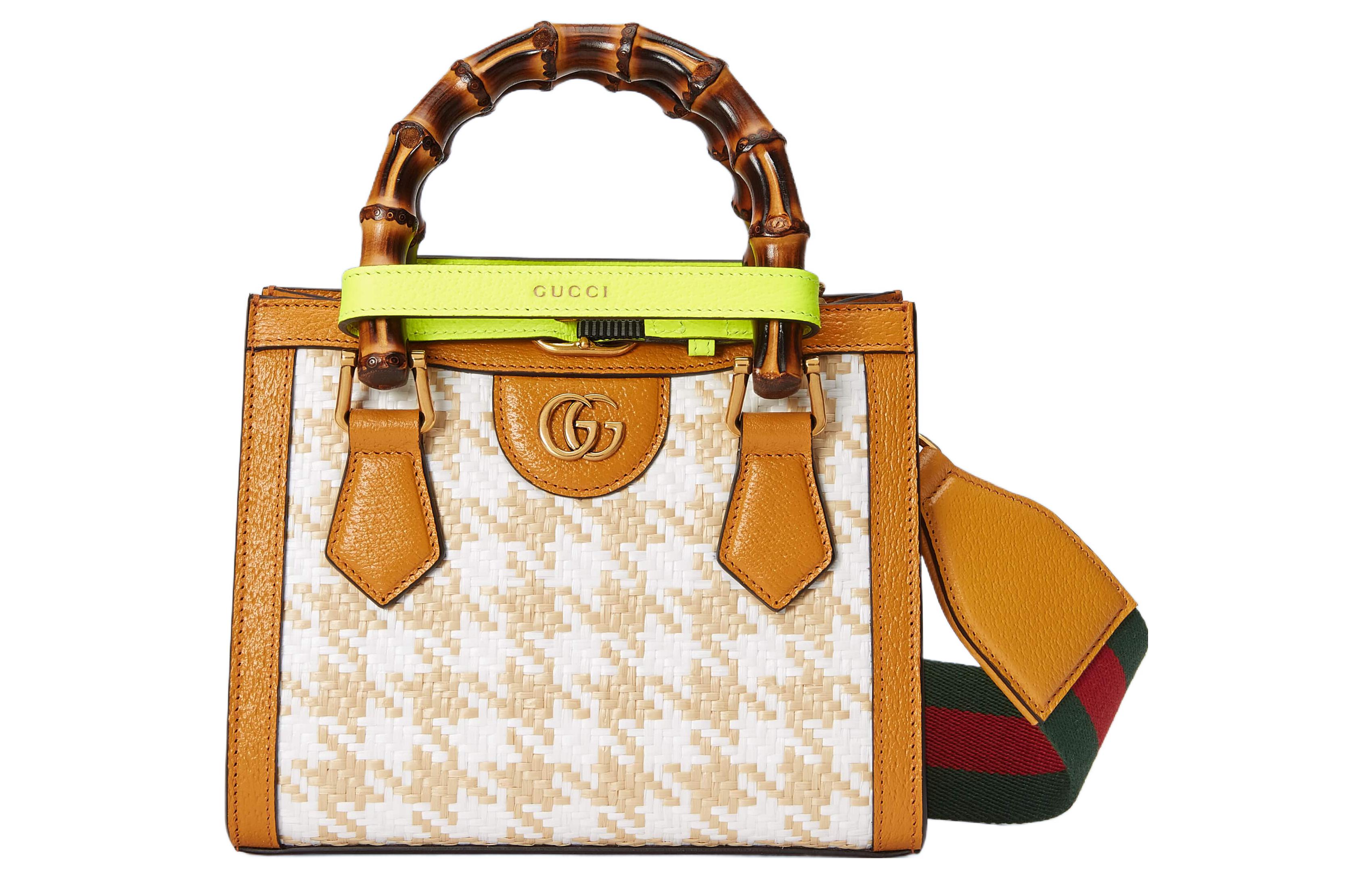 GUCCI Diana Raffia With Leather Trim Tote Bag, Shopping Bag, Shoulder Bag, Crossbody Bag, Handbag Mini Women's