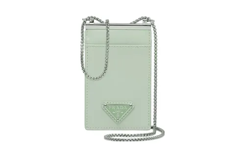 PRADA Triangle Brushed Leather Card Holder Women's Light Green