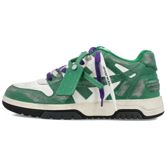 OFF-WHITE Out Of Office OOO Low Tops Green White Vintage Distressed Leather