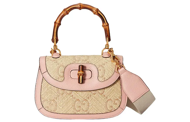 GUCCI Bamboo 1947 Raffia With Leather Shoulder Bag, Crossbody Bag, Handbag Small Women's Pink/Beige