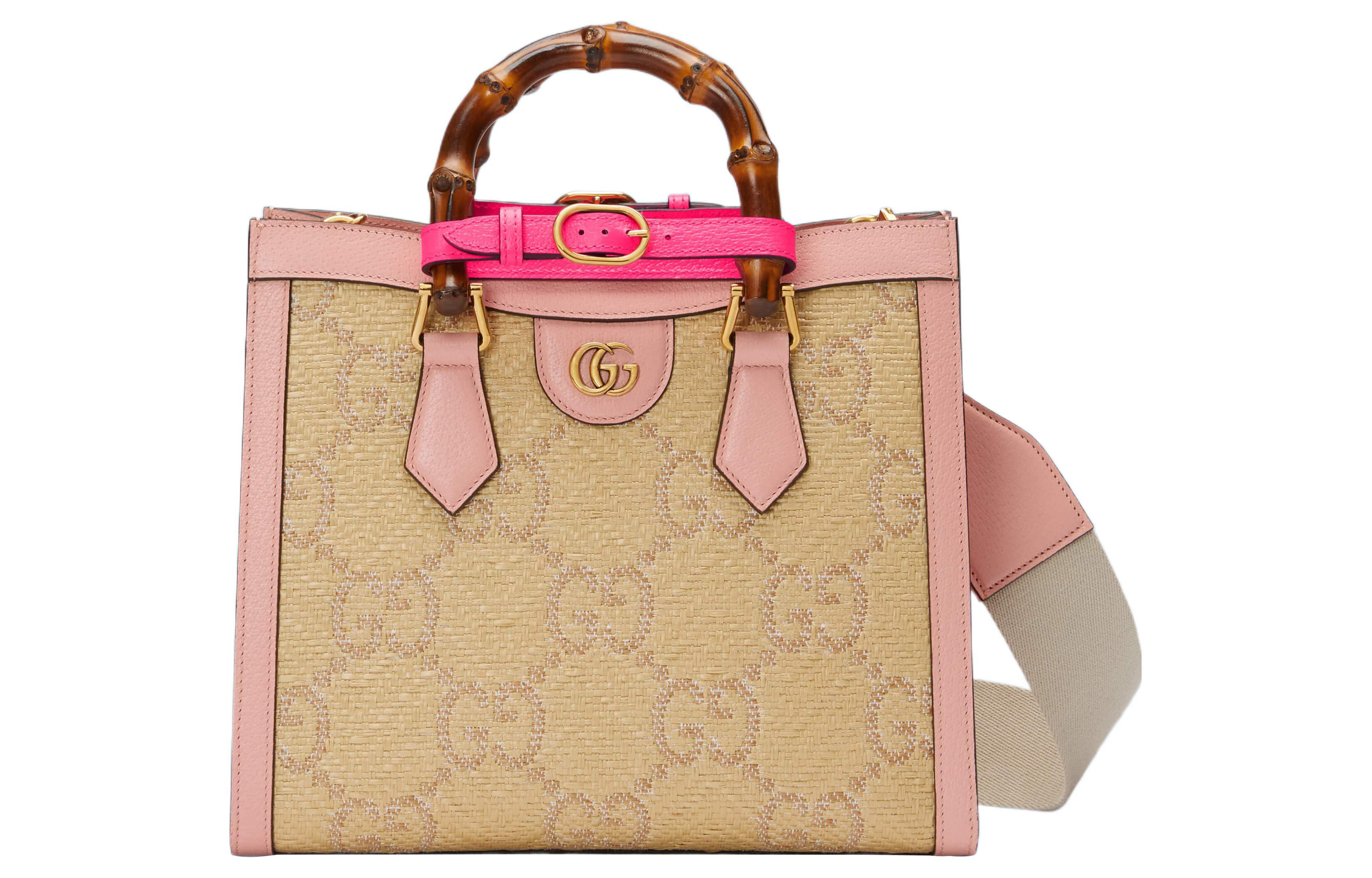 GUCCI Diana Leather With Raffia Tote Bag, Shopping Bag, Shoulder Bag, Crossbody Bag, Handbag Small Women's Pink/Beige