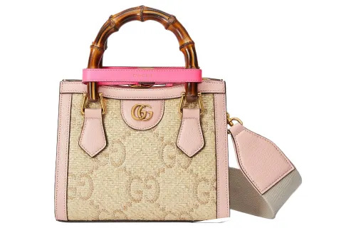 GUCCI Diana Leather With Raffia Tote Bag, Shopping Bag, Shoulder Bag, Crossbody Bag, Handbag Mini Women's Pink/Beige