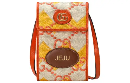 GUCCI Straw With Leather Trim Cell Phone Pouch, Shoulder Bag, Crossbody Bag Mini Women's Beige/Orange