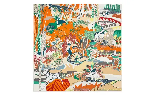 HERMES En Liberte Silk Scarf Women's Orange/Vertical/White