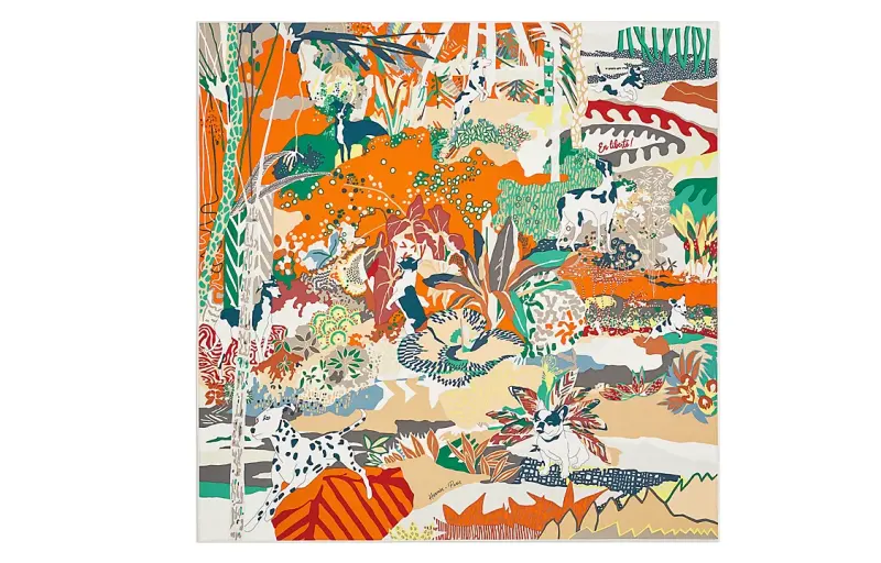 HERMES En Liberte Silk Scarf Women's Orange/Vertical/White