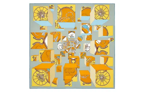 HERMES Carre Silk Scarf Women's Gray/Orange/Bright Yellow