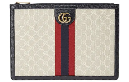 GUCCI Ophidia Canvas With Leather Trim Clutch Men's Beige