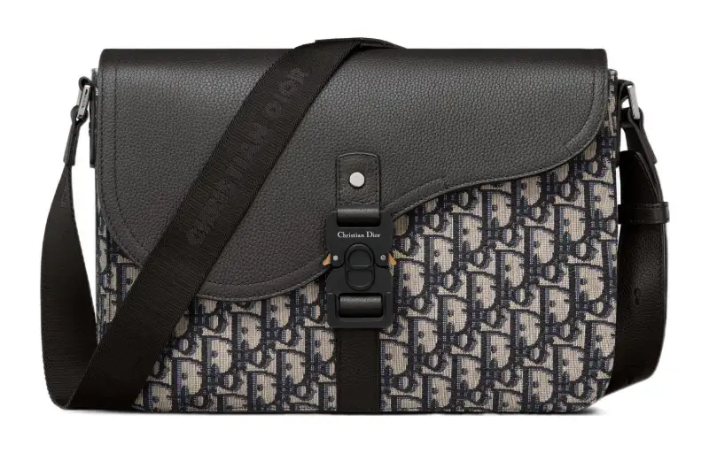 DIOR Oblique Print Grain Cow Leather Shoulder Bag, Crossbody Bag Men's Black & Beige