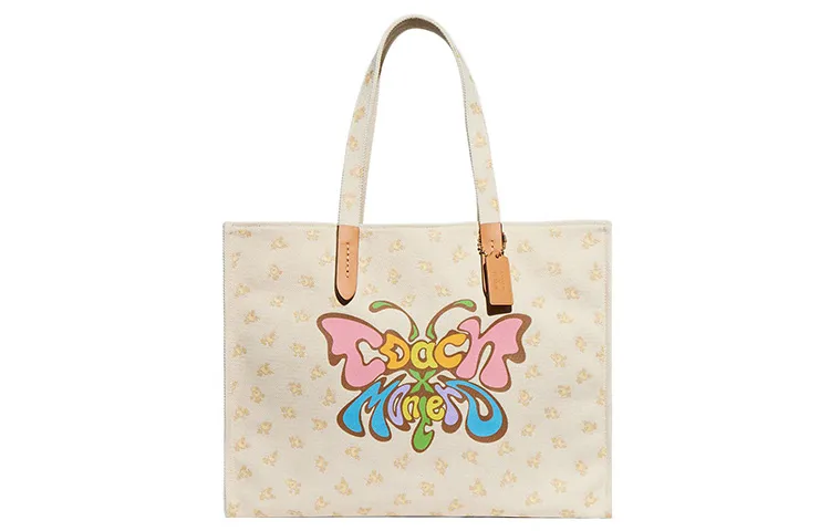 COACH LIL NAS Collaboration Canvas With Glove Tanned Leather Tote Bag, Shopping Bag, Handbag, Shoulder Bag Women's Ecru