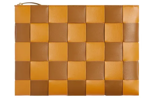 Bottega Veneta Cow Leather Clutch Medium Women's Gold Brown/Camel