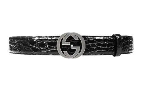 GUCCI Interlocking G Crocodile Leather Belts Men's Black Width 3.7cm
