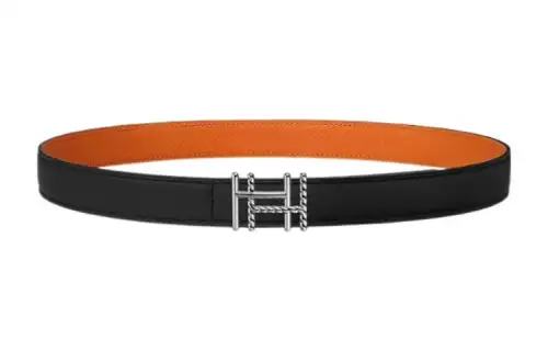 HERMES H Au Carre Calfskin Leather Belts Women's Black Width 2.4cm