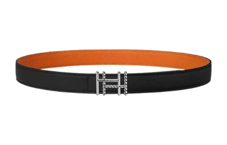 HERMES H Au Carre Calfskin Leather Belts Women's Black Width 2.4cm