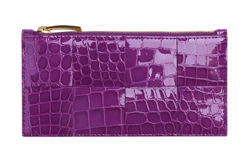 Bottega Veneta Crocodile Pattern Embossed Shiny Cow Leather Card Holder Women's Purple