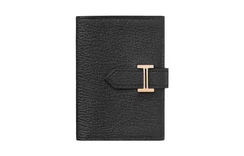 HERMES Bearn Rose Gold Buckle Goatskin Wallet, Card Holder Unisex Noir Black