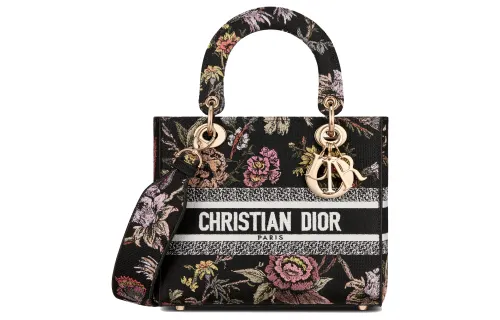 DIOR Lady D Lite Embroidery Handbag Shoulder Bag, Crossbody Bag, Handbag Medium Women's Black/Multicolor