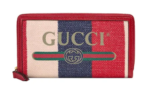 GUCCI Canvas With Leather Card Holder, Wallet Women's Red & Blue & Beige