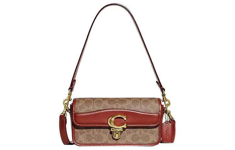 COACH Studio Cow Leather Shoulder Bag, Small Square Bag, Portable Crossbody Bag, Shoulder Bag Small Women's Brown & Red