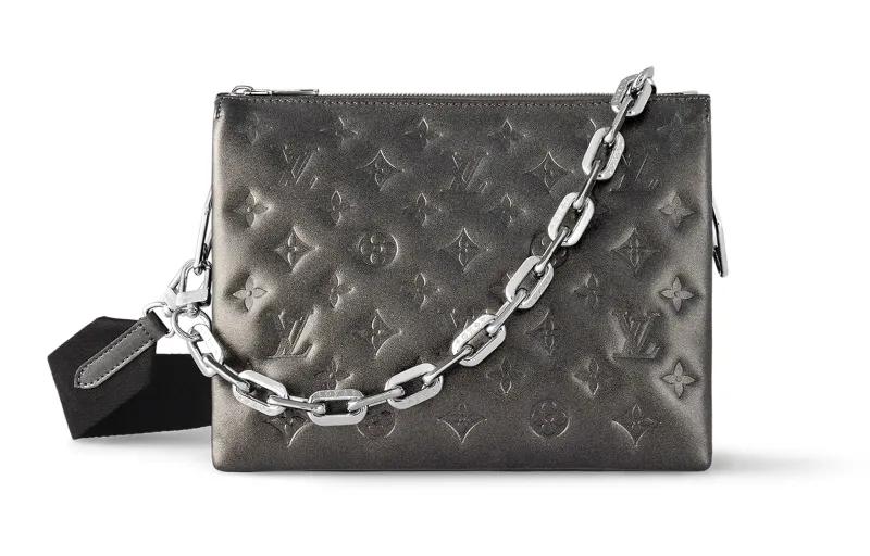 LOUIS VUITTON Coussin Lambskin Leather Portable Crossbody Bag, Shoulder Bag Small Women's Anthracite Gray