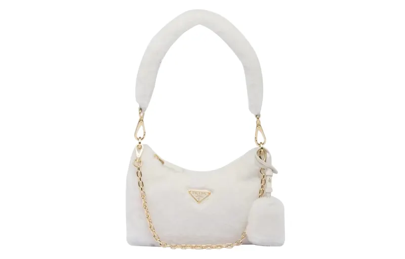 PRADA Re Edition Shearling Shoulder Bag Mini Women's White
