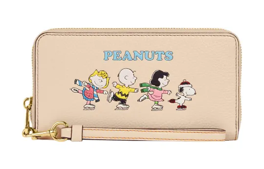 COACH Peanuts Snoopy Collaboration Zip Around Refined Pebble Leather Card Holder, Wallet Women's Ivory White