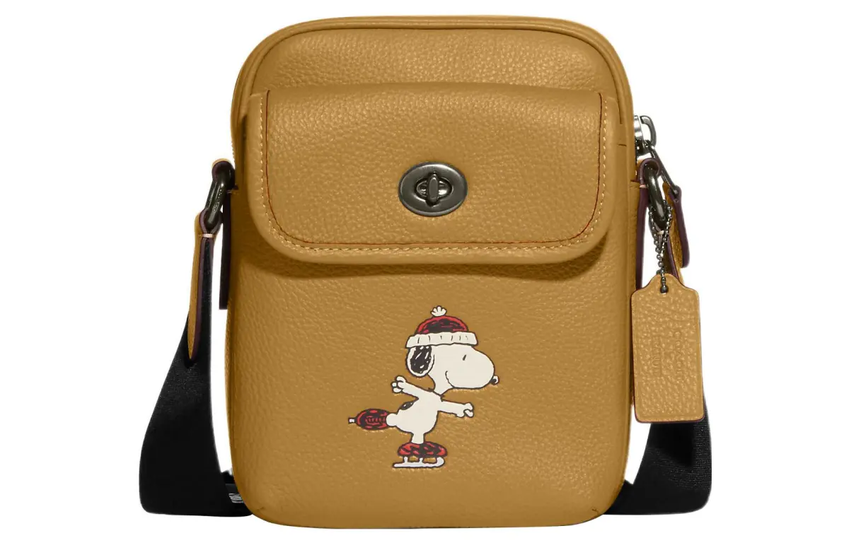COACH Peanuts Snoopy Collaboration Heritage Pebbled Leather Shoulder Bag, Crossbody Bag Mini Women's Brown