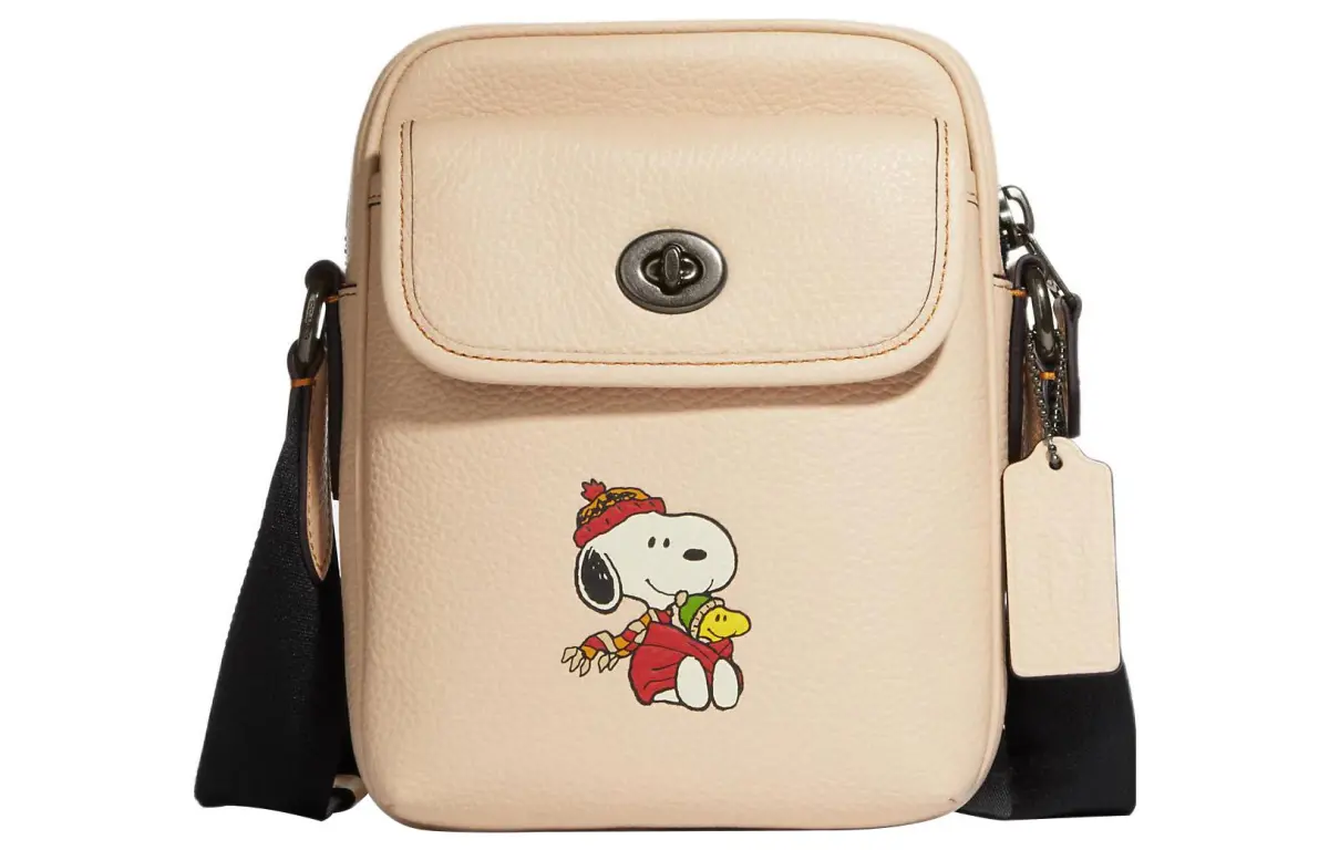 COACH Peanuts Snoopy Collaboration Heritage Pebbled Leather Shoulder Bag, Crossbody Bag Mini Women's Ivory White