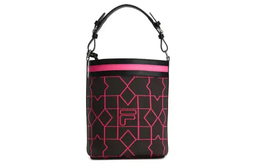 FILA Jacquard Fabric, Cow Split Leather One Shoulder Handbag Women's Charcoal Dark Gray/Pink