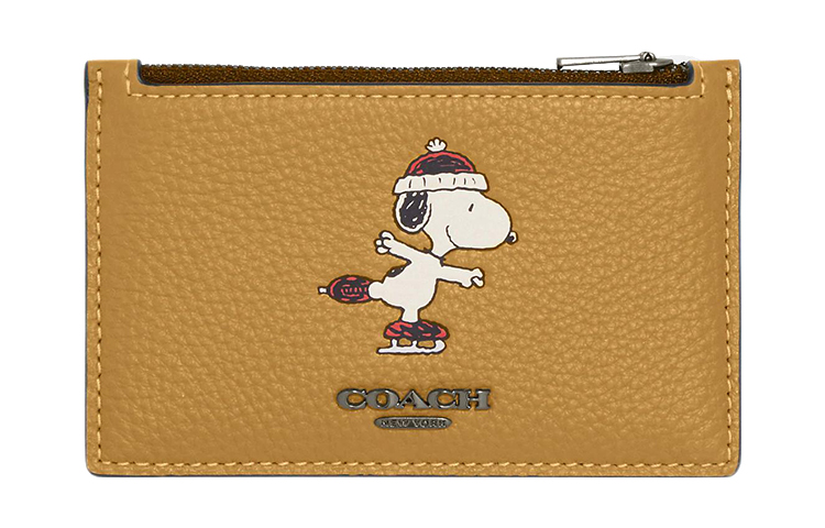 COACH Coach x Peanuts Snoopy Card Case 13 Zipper closure Snoopy pattern print Refined pebbled cow leather Coin wallet card holder Women's linen