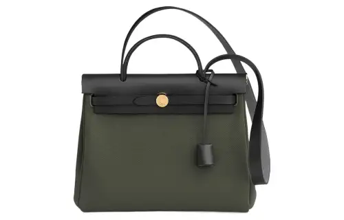 HERMES Herbag Zip Canvas With Hunter Cow Leather Shoulder Bag, Crossbody Bag, Handbag 31 Unisex Gray Green/Black