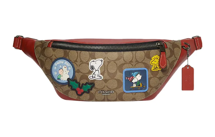 COACH X Peanuts Snoopy Collaboration Warren Coated Canvas With Calfskin Fanny Packs Large Men's Khaki