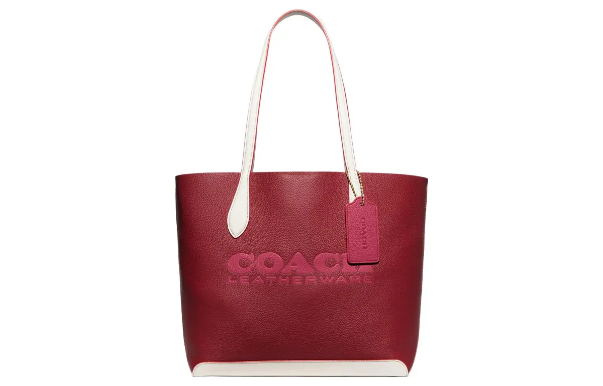 COACH Kia Natural Pebbled Leather Tote Bag, Shopping Bag, Shoulder Bag, Handbag Large Women's Dark Red