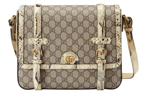GUCCI Canvas With Python Skin Trim Messenger Bag, Shoulder Bag, Crossbody Bag Medium Men's Ebony