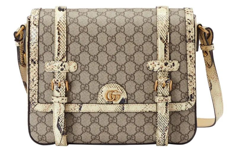 GUCCI Canvas With Python Skin Trim Messenger Bag, Shoulder Bag, Crossbody Bag Medium Men's Ebony