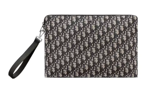 DIOR Embroidery Cow Leather Clutch Unisex Black