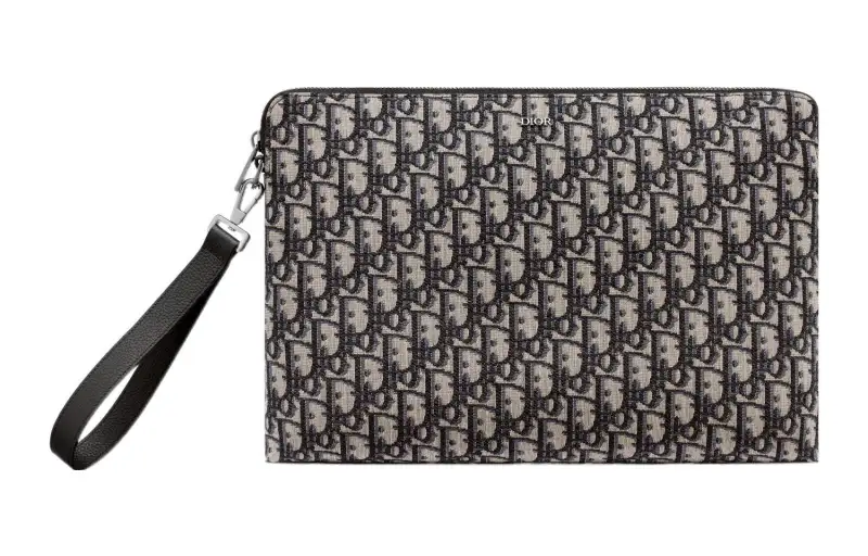 DIOR Embroidery Cow Leather Clutch Unisex Black