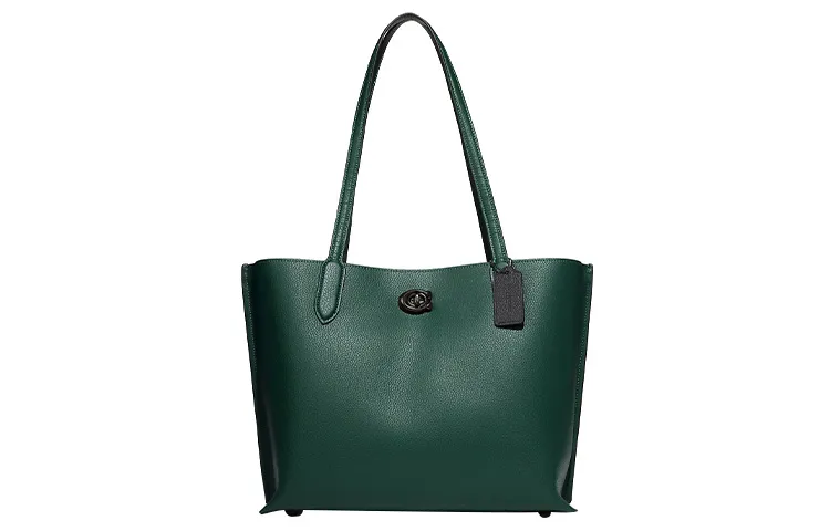 COACH Willow Polished Pebbled Leather Tote Bag, Shopping Bag, Handbag, Shoulder Bag Large Women's Forest Green