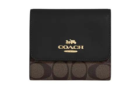COACH Trifold Wallet Canvas With Leather Card Holder, Wallet Small Women's Brown & Black