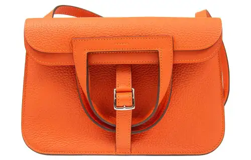 HERMES Halzan Clemence Bullock Leather One Shoulder Handbag, Crossbody Bag Women's 9J Feu Flame Orange